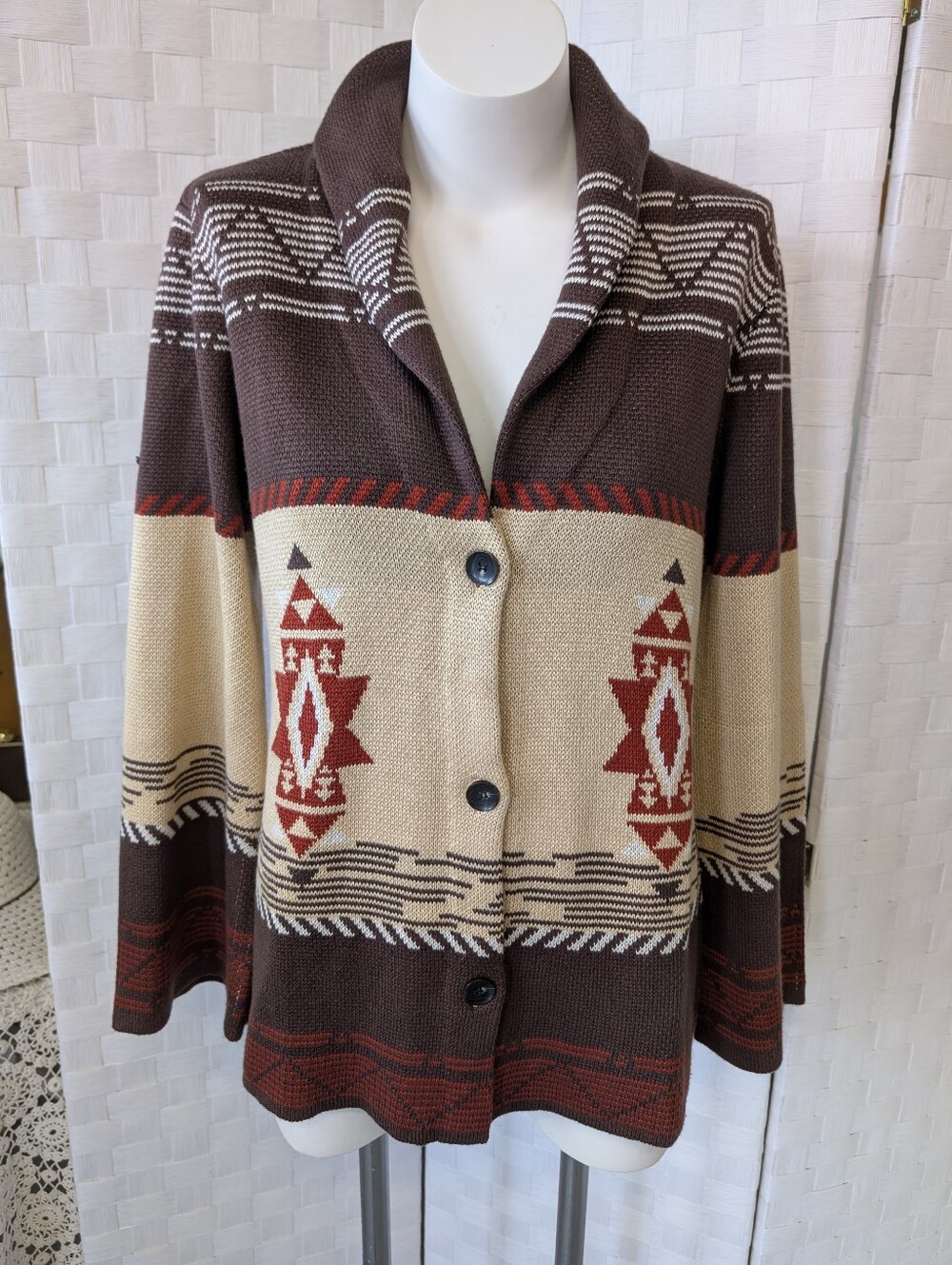 Western  Cardigan Button Up  Sweater Bell Sleeves Red Accent L - Picture 2 of 4